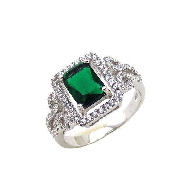 925 Sterling Silver Rhodium Plated Created Oblong Green Emerald Ring