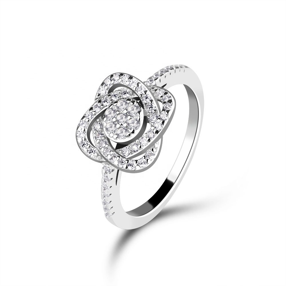 Mascot Custom Fashion Flower Shape 18k White Gold Natural Diamond Anniversary Ring for Girls