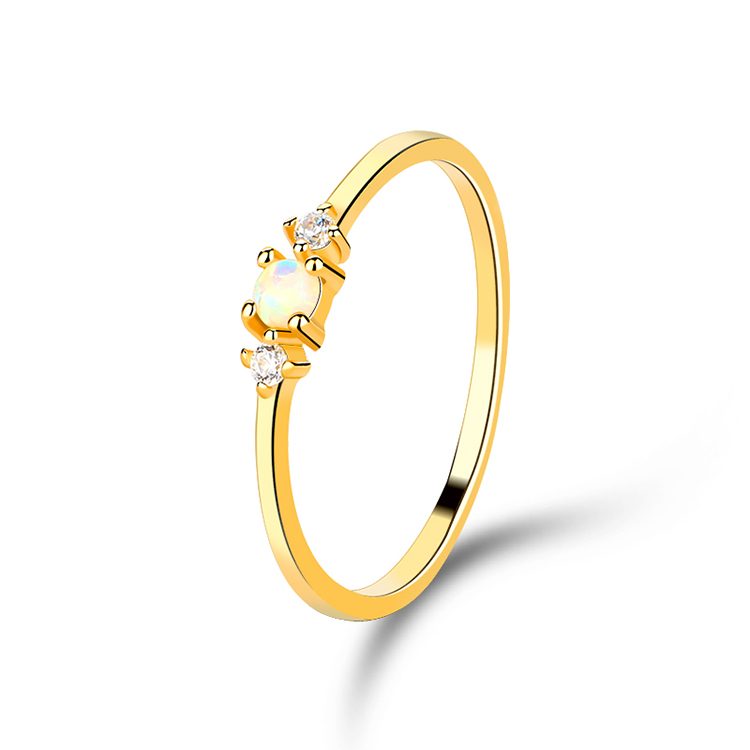Gold Plated 925 Sterling Silver Opal Ring with Clear Cubic Zirconia Minimalist Band for Women Engagement Daily Stackable Jewelry