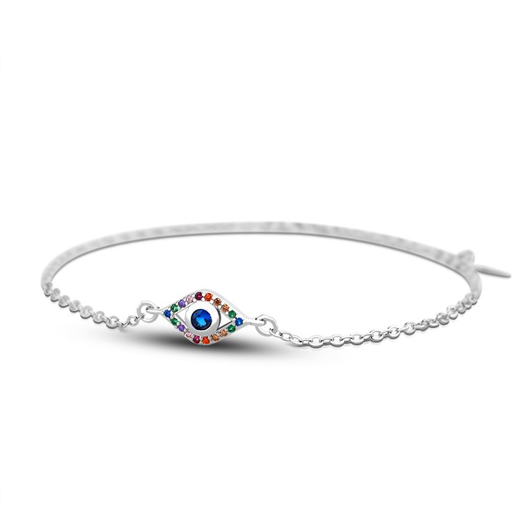 925 Sterling Silver Adjustable Eye Charm Bracelet Multicolor & Blue CZ for Gift Protection & Daily Jewelry