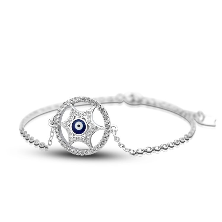 Minimalist 925 Sterling Silver Eye Bracelet, Clear CZ & Blue Enamel, Dainty Chain for Women Daily & Spiritual Occasions