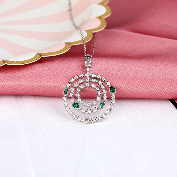 Vintage Multi Circle CZ Pendant Necklace with Green Stones in 925 Sterling Silver Layered Round Cubic Zirconia Pendant Necklace