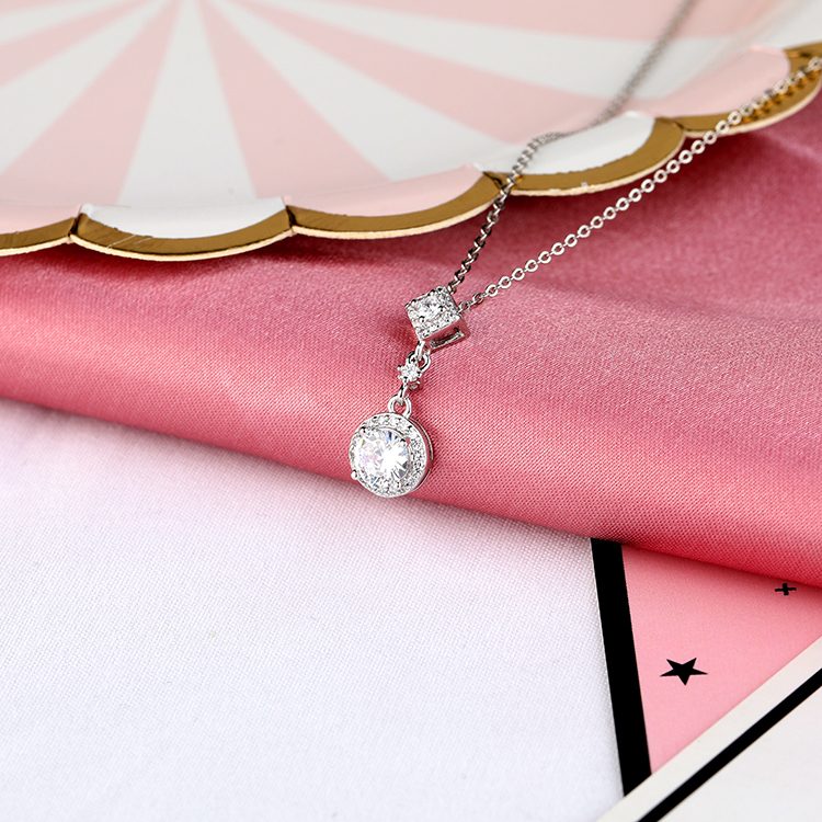 Geometric Diamond and Round Cubic Zirconia Pendant Necklace in 925 Sterling Silver Perfect Gift for Women
