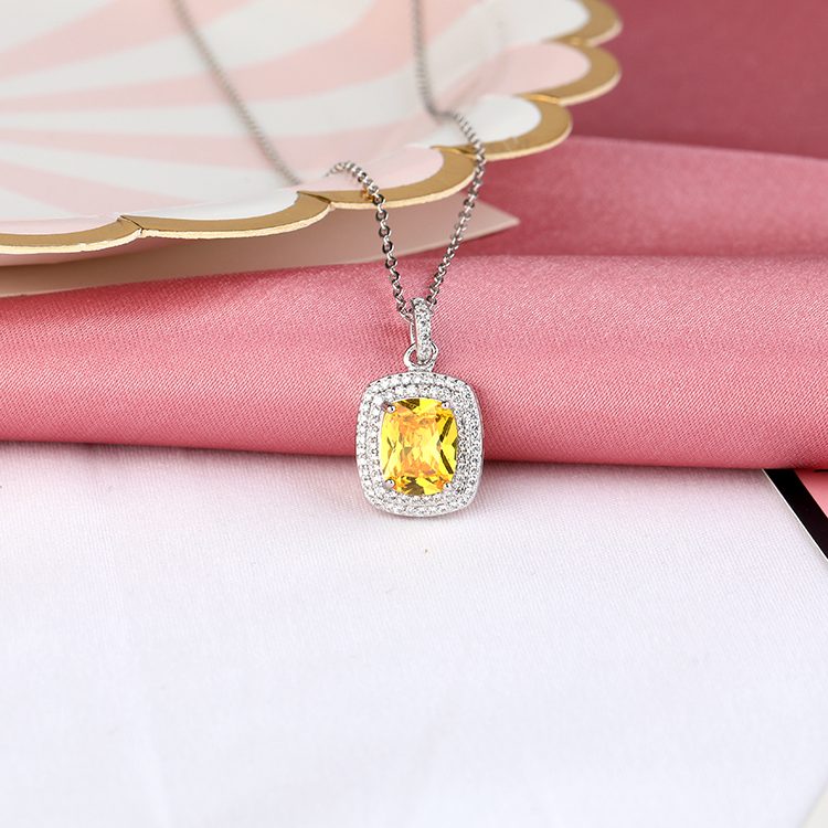 925 Sterling Silver Yellow Cubic Zirconia Rectangular Pendant Necklace with Halo Design