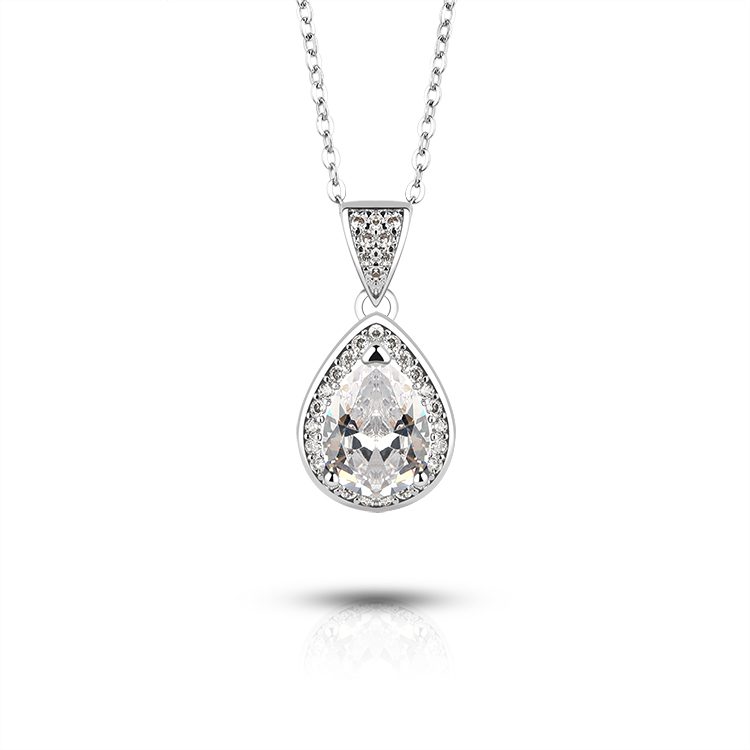925 Sterling Silver Teardrop Zircon Pendant Necklace Classic Halo Jewelry for Evening Party and Events