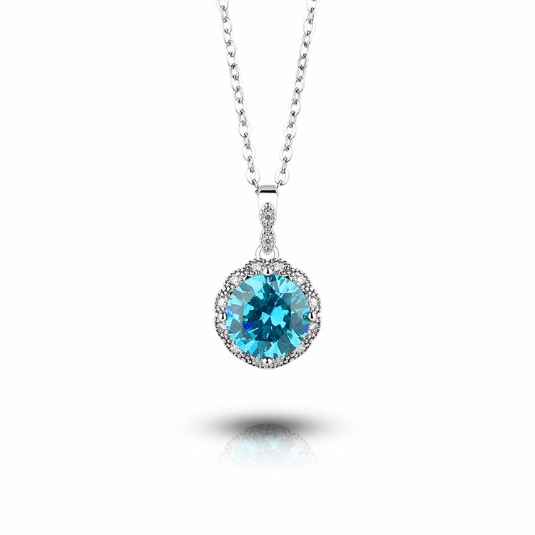 925 Sterling Silver Round Blue Zircon Halo Pendant Necklace Classic Elegant Jewelry for Women Daily Wear and Gift Market