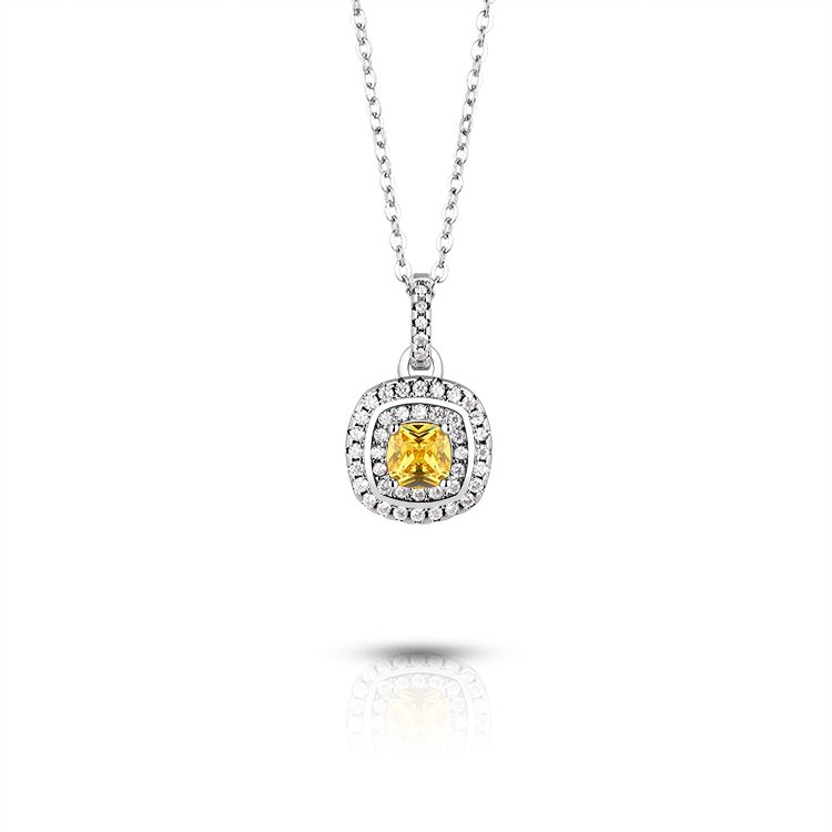 925 Sterling Silver Yellow Zircon Square Pendant Necklace Eye Catching Jewelry for Retail Display