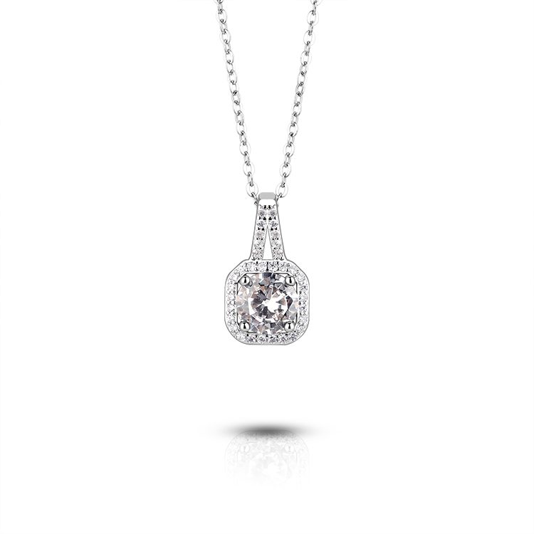 925 Sterling Silver Square Clear Zircon Statement Pendant Necklace Classic Jewelry for Retail and Wholesale