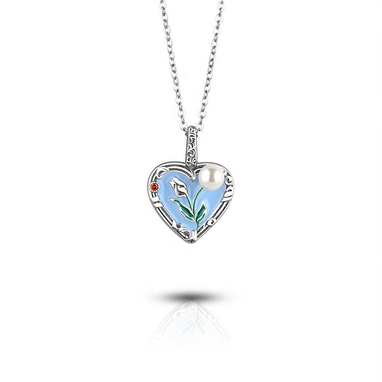 Art Deco Inspired Heart 925 Silver Enamel Necklace Micro-Pav&eacute; Bead Business Casual Jewelry Spring Ring Closure Design
