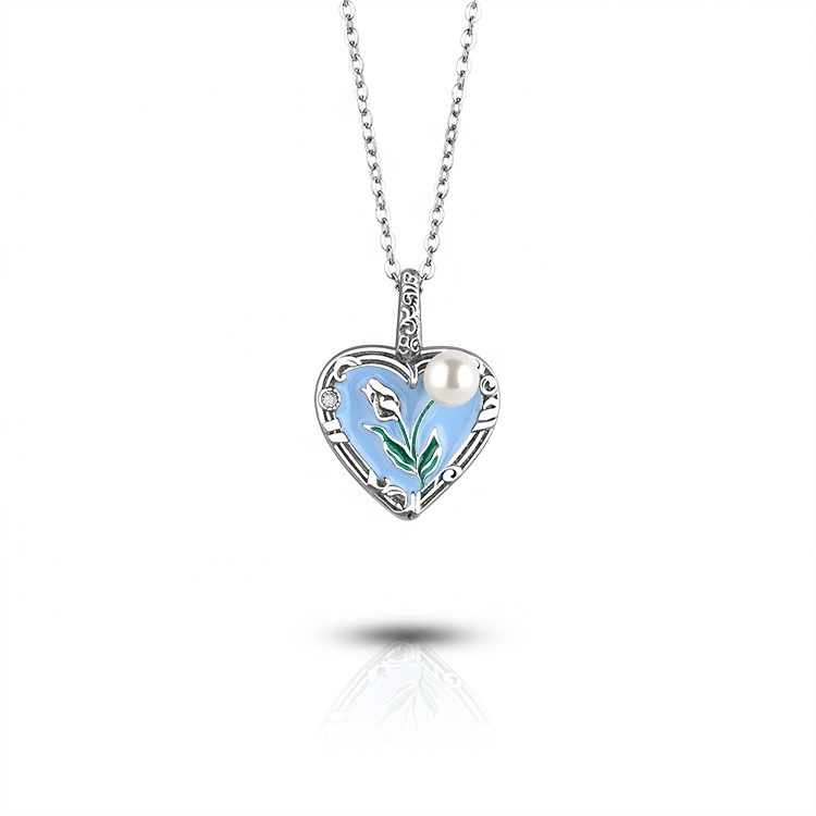Vintage Double Heart 925 Silver Cloisonne Necklace European Artisan Craft Lightweight Wedding Party Accessory