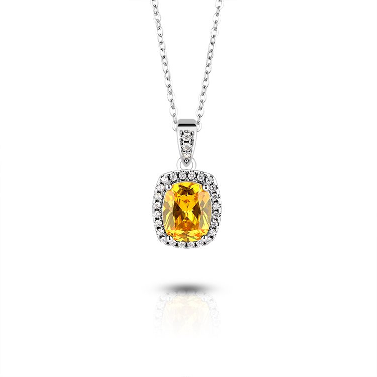 925 Sterling Silver Rectangle Yellow Zircon Halo Pendant Necklace Luxury Look for Evening Party Jewelry