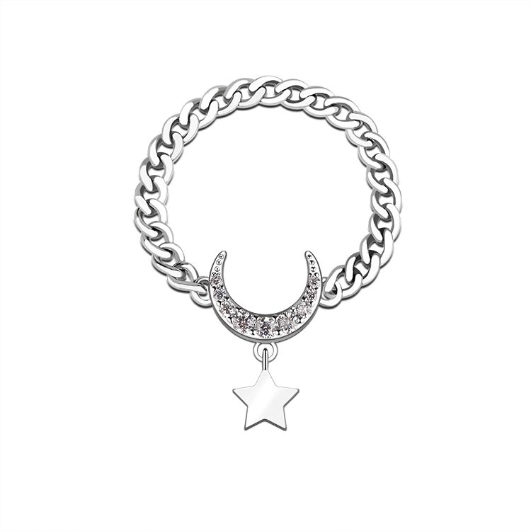 Trendy 925 Sterling Silver Chain Band Ring with Star-Outline Design Cubic Zirconia Stone Stylish Accessory for Women Fashion