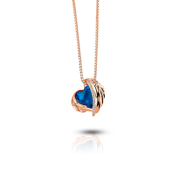 Blue Heart Wing CZ Pendant Necklace Rose Gold Angel Wing Red Heart CZ Pendant Necklace Rose Gold Guardian Angel Gift