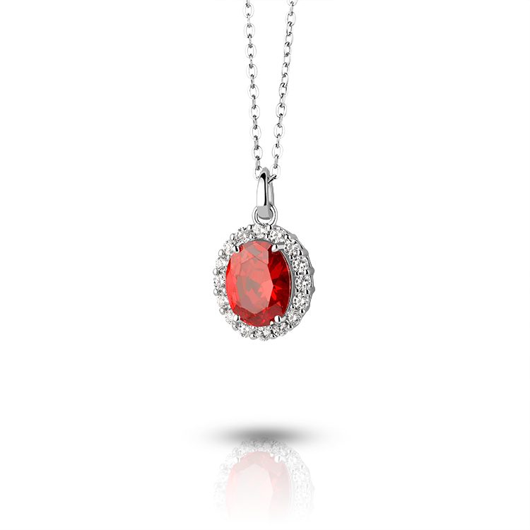 Red Oval CZ Halo Pendant Necklace 925 Silver Festive Jewelry for Holiday Gifts