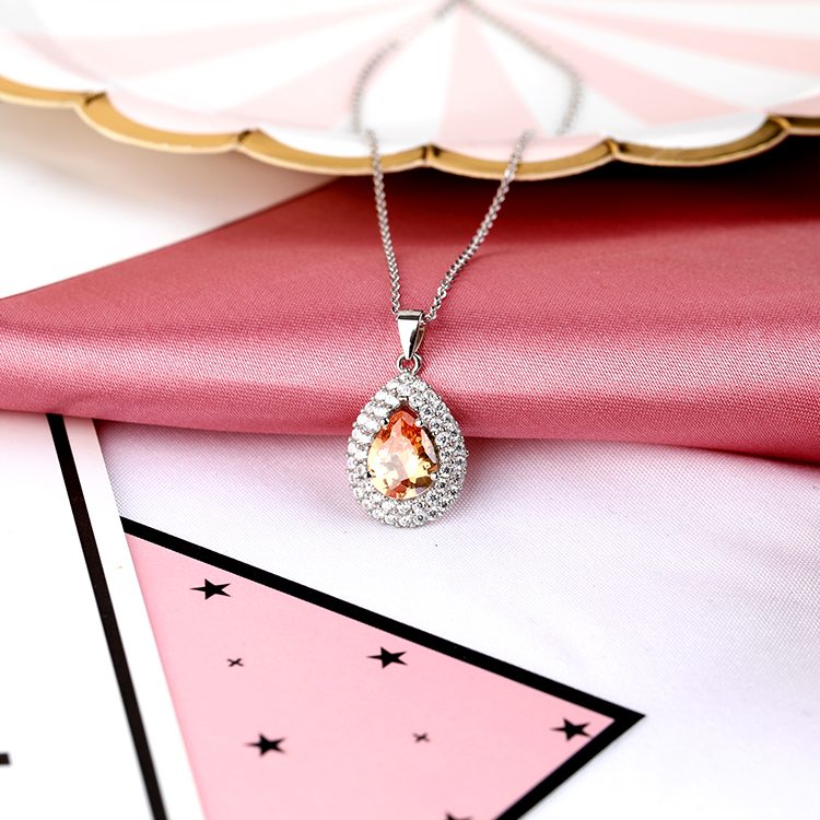 Elegant Orange Teardrop CZ Halo Pendant Necklace 925 Silver Bridal & Evening Jewelry
