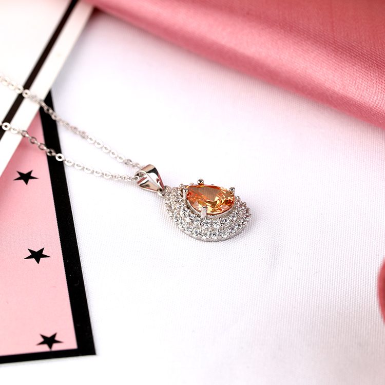 Elegant Orange Teardrop CZ Halo Pendant Necklace 925 Silver Bridal & Evening Jewelry