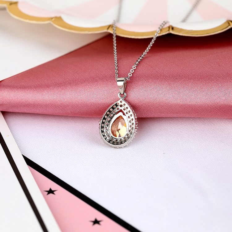 Elegant Orange Teardrop CZ Halo Pendant Necklace 925 Silver Bridal & Evening Jewelry