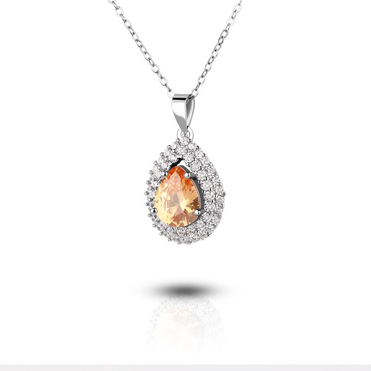 Elegant Orange Teardrop CZ Halo Pendant Necklace 925 Silver Bridal & Evening Jewelry