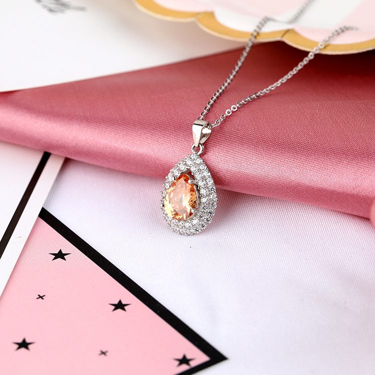 Elegant Orange Teardrop CZ Halo Pendant Necklace 925 Silver Bridal & Evening Jewelry