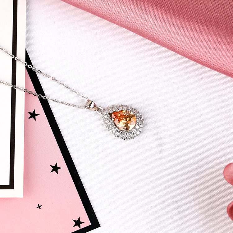 Elegant Orange Teardrop CZ Halo Pendant Necklace 925 Silver Bridal & Evening Jewelry