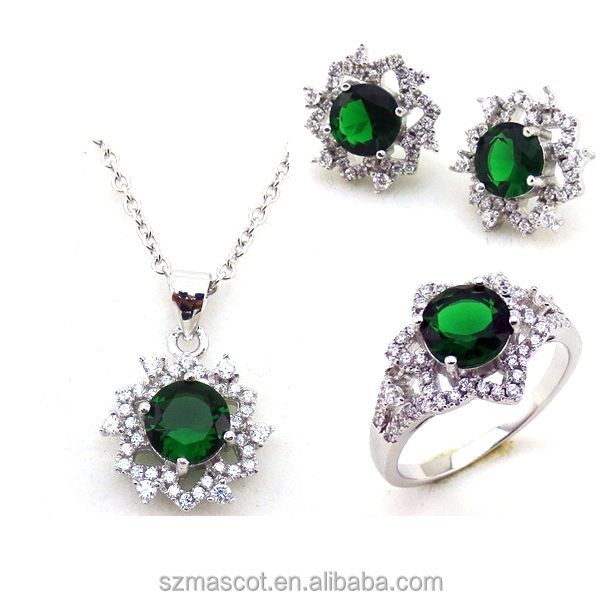 Fashion Party Design Flower Shape Green Crystal 925 Sterling Silver Lady Locket Jewelry Set