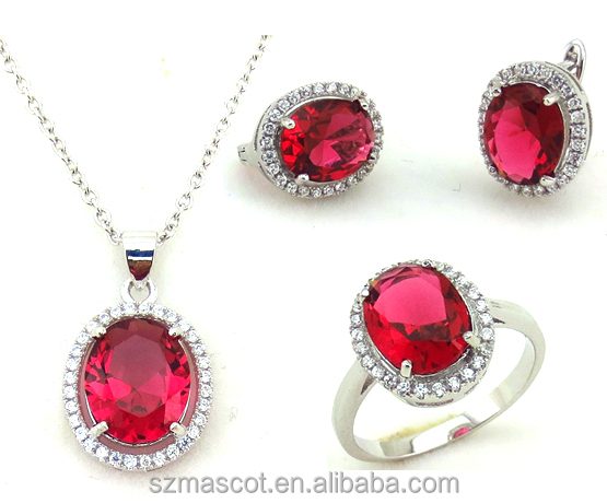 Different Thickness Big Ruby Crizon Stone Pure Silver Ring Pendant Oval Design Jewelry Set