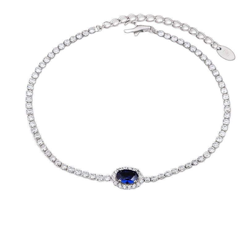 Luxury AAA Blue Gemstone Women Fashion 925 Sterling Silver Rhinestone Link Bracelet