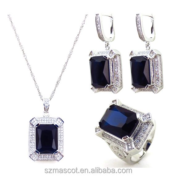 Cubic Gemstone Bijouterie Prong Setting Jewelry Set Brass Ring Silver Silver Earrings IGI 925 Sterling Silver Dark Blue Mascot