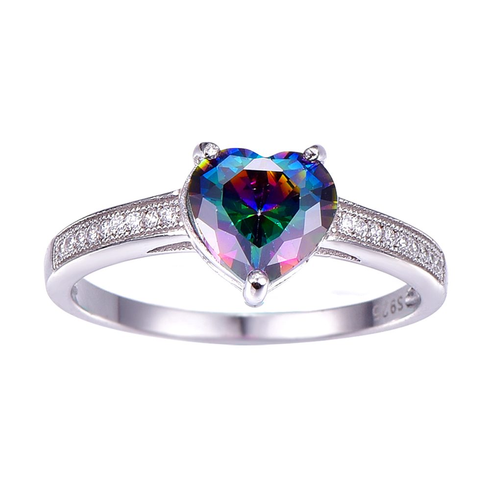 White Gold Plated Silver Angel Heart Shaped Designs Girls Fire Opal Rings