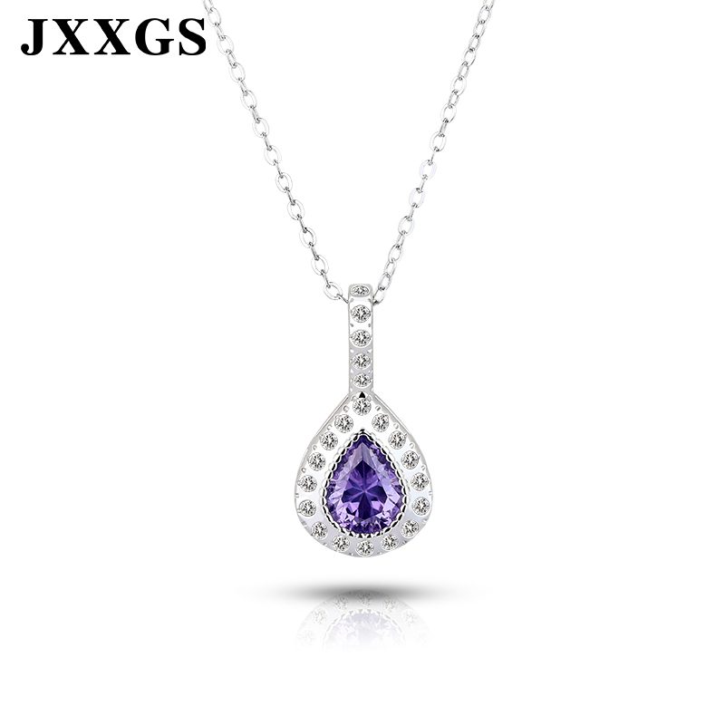 Elegant 925 Sterling Silver Violet Teardrop Shape Pendant Necklace with CZ Stone for Women Gift Jewelry