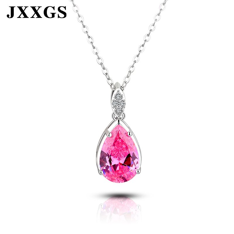 Luxury Gold Plated Pink Teardrop Cubic Zirconia Pendant Necklace for Women 925 Silver Crystal Handmade Jewelry for Gift