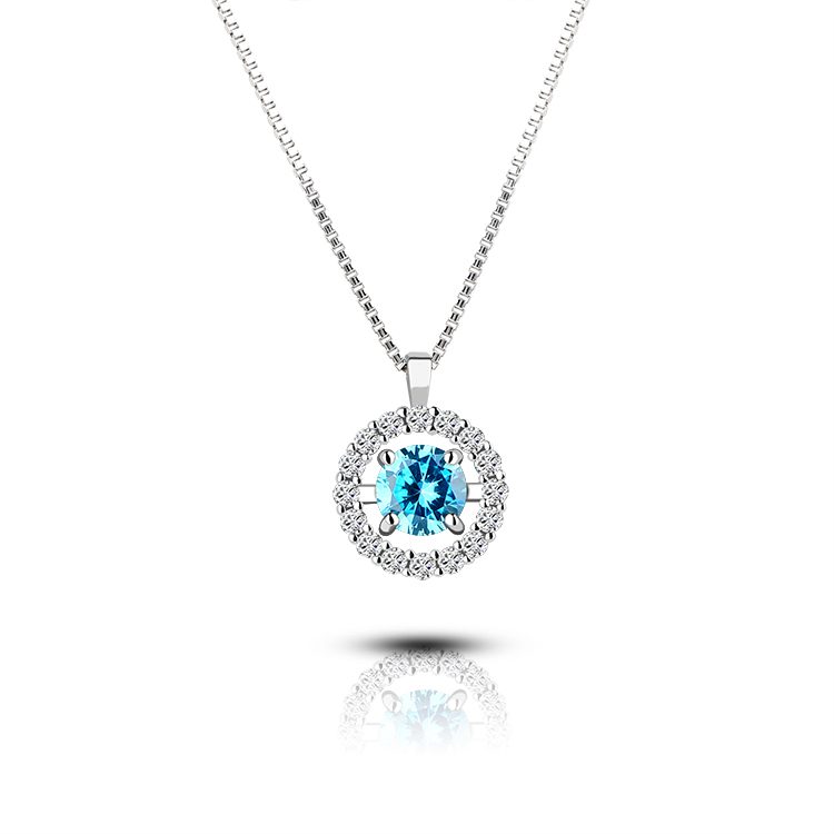 Dainty 18K Gold Plated Blue Round Zircon 925 Sterling Silver Pendant Necklace for Women Fashion Jewelry Gift