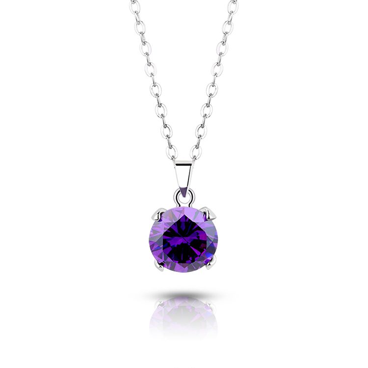 High Quality Luxury 925 Sterling Silver Purple Round Cubic Zirconia Pendant Necklace for Women Gift Jewelry