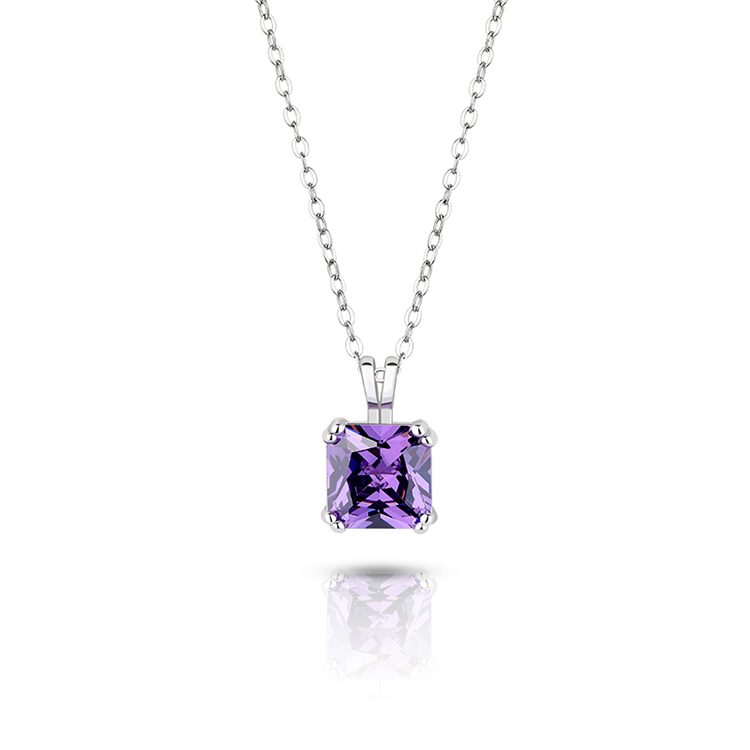 Elegant 925 Sterling Silver Purple Square Zircon Pendant Necklace for Women Handmade Jewelry for Gift