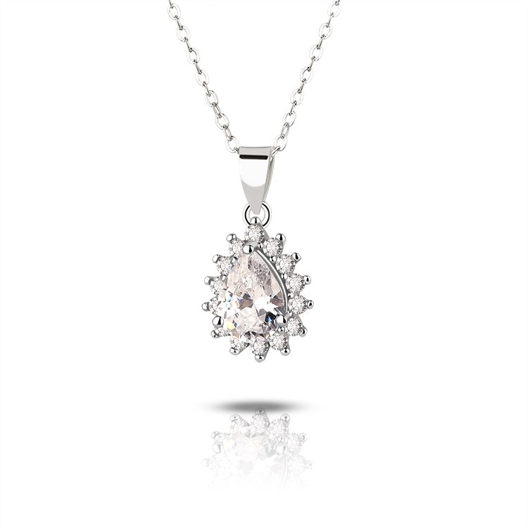 Customizable Elegant Brass Clear Teardrop 925 Sterling Silver Zircon Pendant Necklace for Women Handmade Jewelry