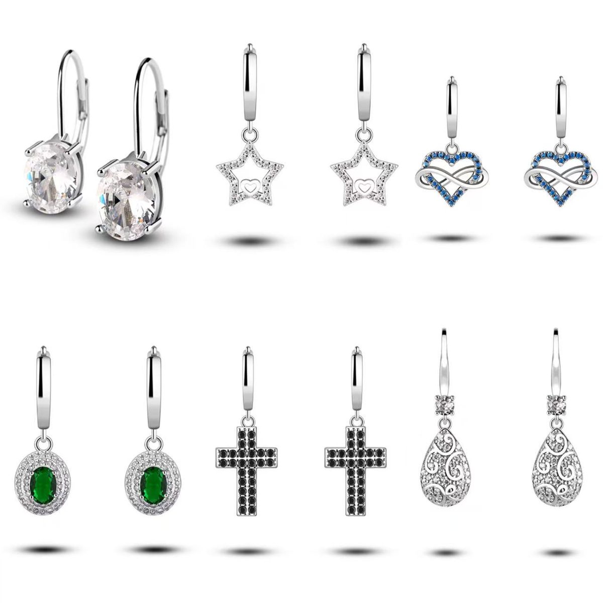 Blue Heart Zircon Micro-Set 925 Silver Dangle Earrings for Daily Wear Red Oval Drop Zircon Earrings for Gifts