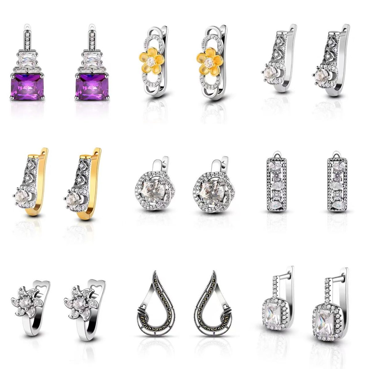 Geometric Square-Pave 925 Silver Zircon Earrings Vintage Inspired 925 Silver Crystal Earrings Elegant Party Wear