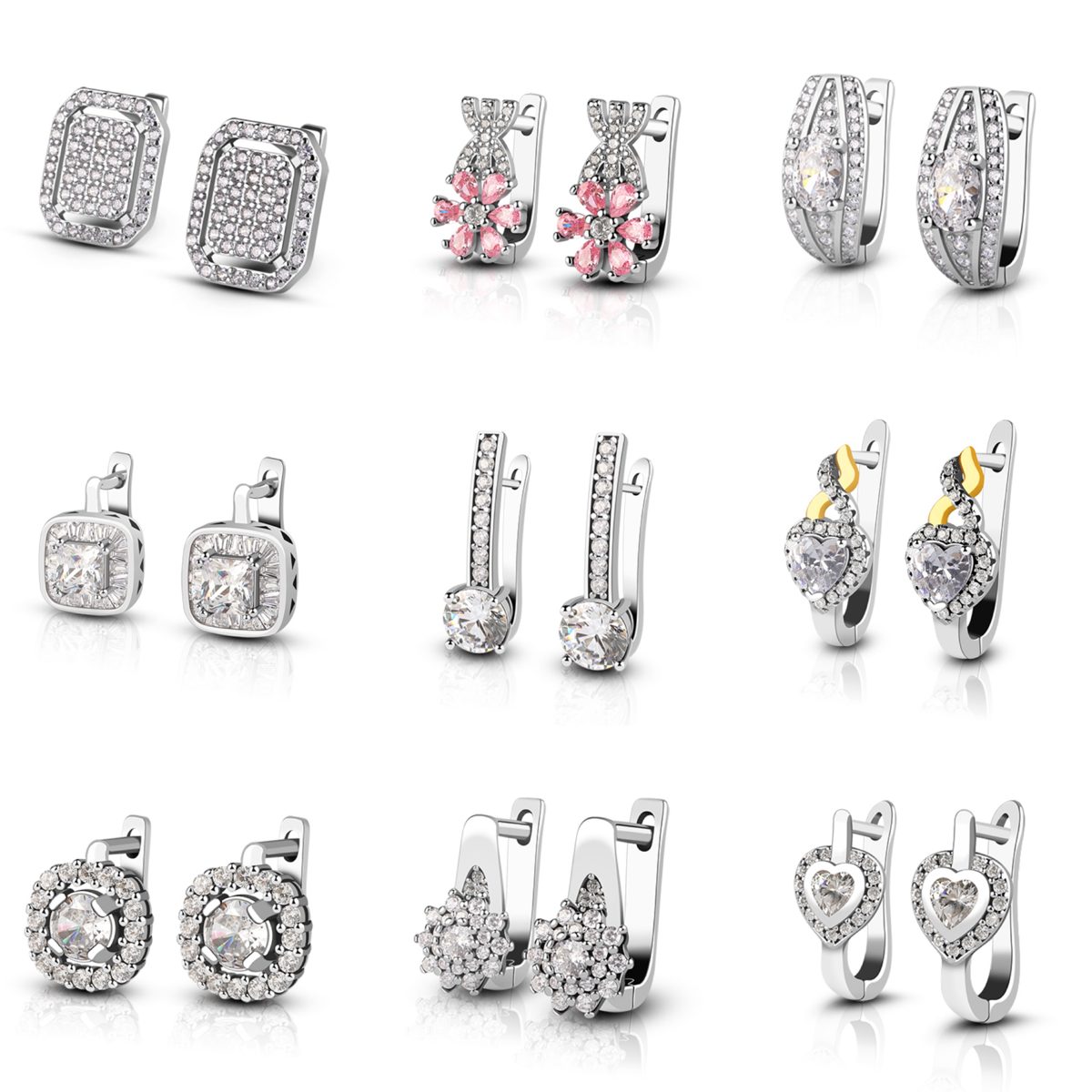 Square Zircon Paved Earrings Flower Bloom Zircon Earrings 925 Sterling Silver Suitable for Weddings & Anniversaries