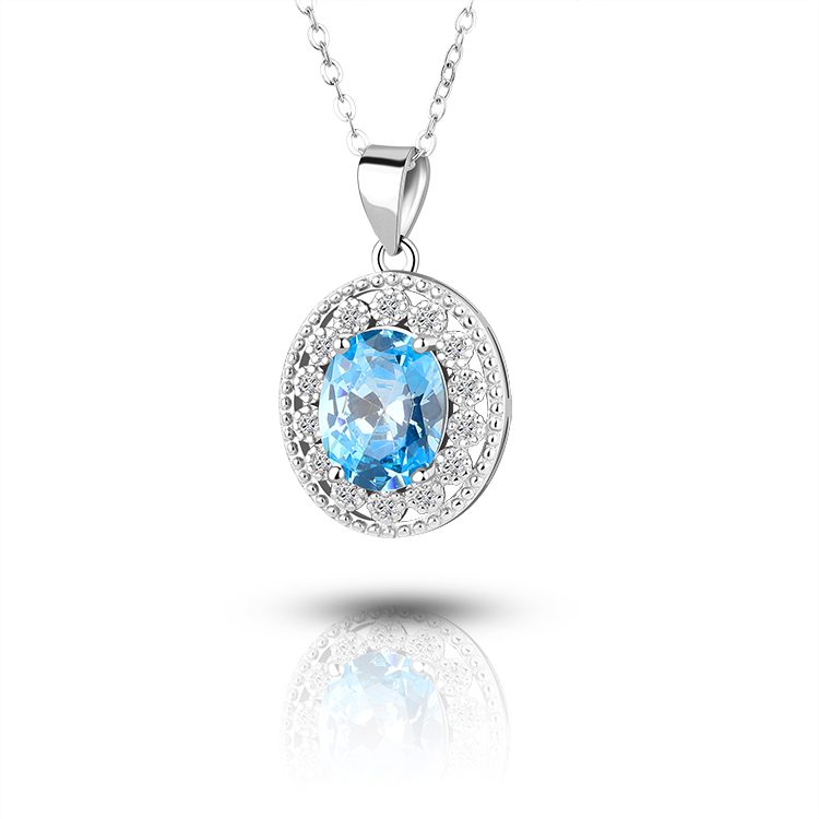 Elegant Blue Round CZ Halo Pendant Necklace 925 Sterling Silver Blue Halo CZ Pendant Necklace Bridal Jewelry Gift for Women
