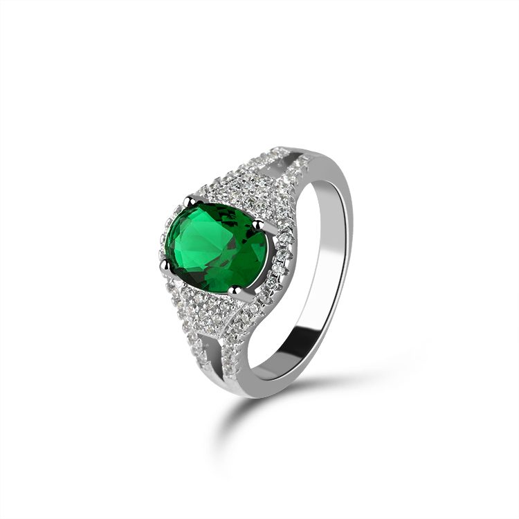 Mascot Sterling Silver Ring with Oval Green Stone and White CZ