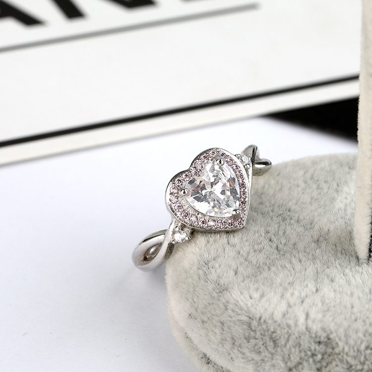 Mascot High Quality Silver Cubic Zircon Ring Heart Shaped Gemstone Rings 925 Sterling Silver Jewelry Adjustable Ring