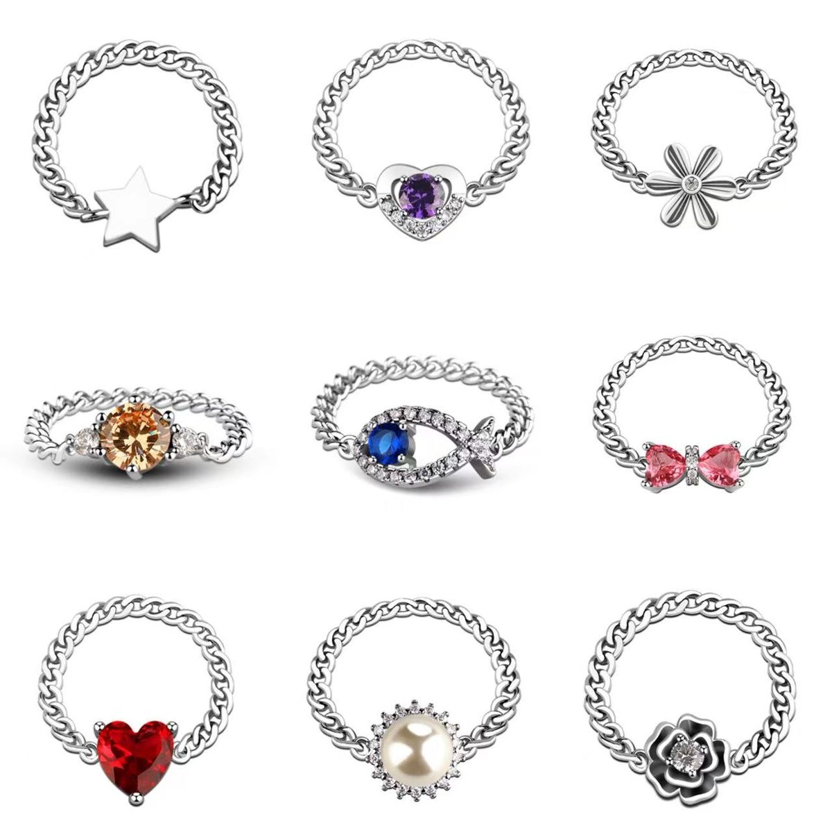 Lovely 925 Silver Chain Ring with Bow-Shaped Cubic Zirconia a Feminine and Delicate Jewelry Choice for Daily Outfits
