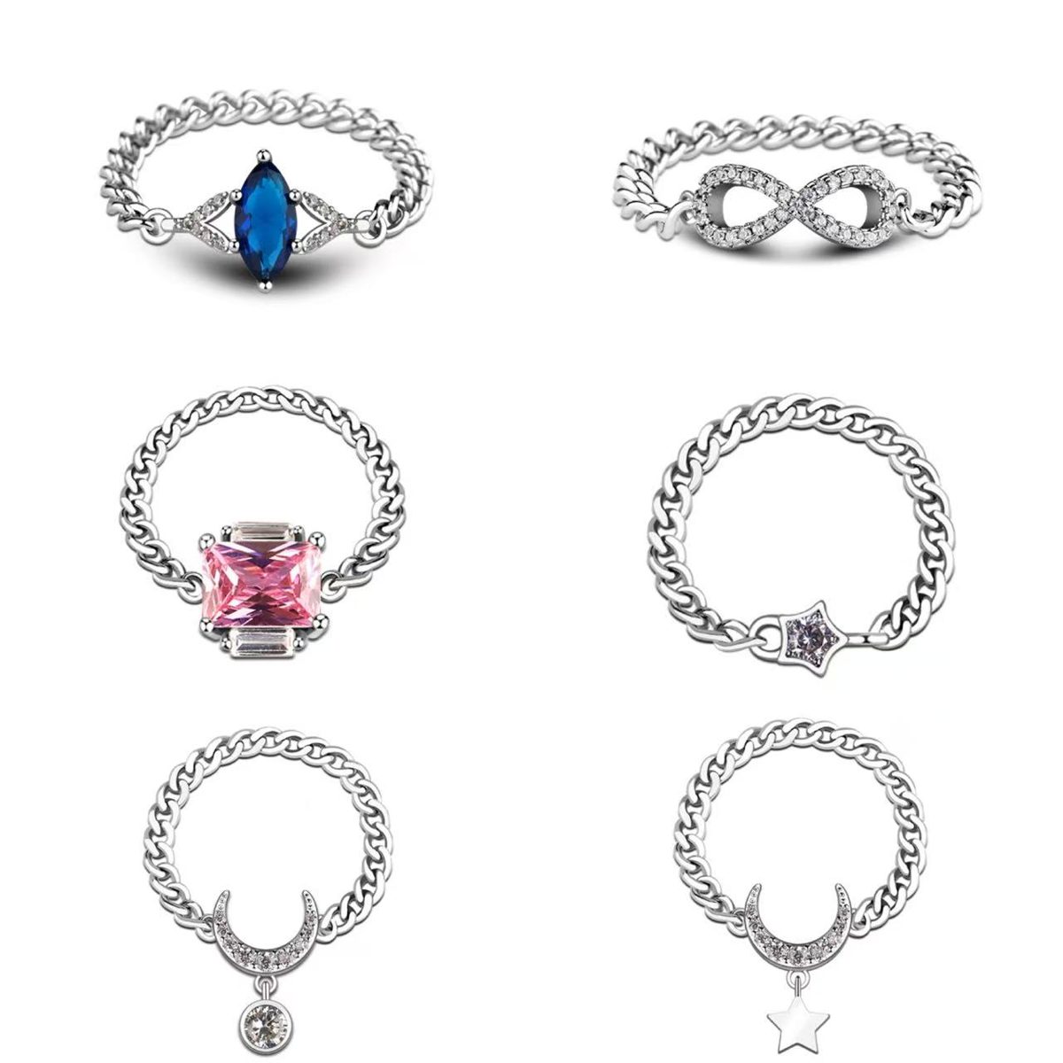 Radiant 925 Silver Chain Band with Star-Outline Design and Cubic Zirconia Accent a Sweet Minimalist Ring for Couples and Gifts
