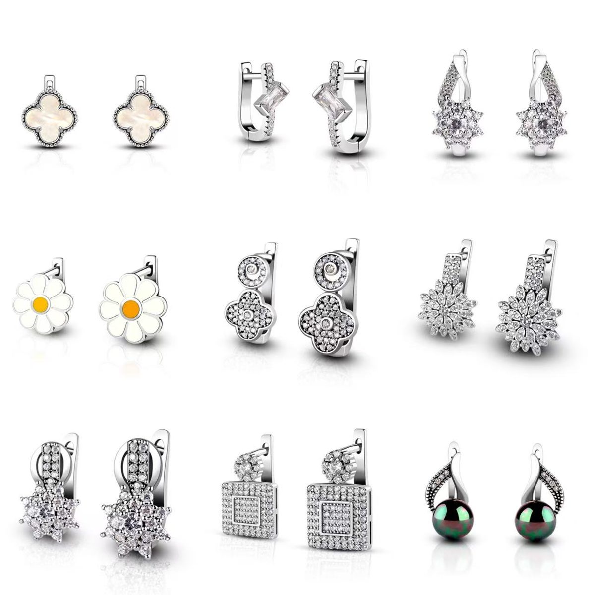 Four-Leaf Clover Earrings Flower Petal 925 Silver Zircon Earrings White Gold Plated Cute Daisy Style Lucky Style for Daily Wear