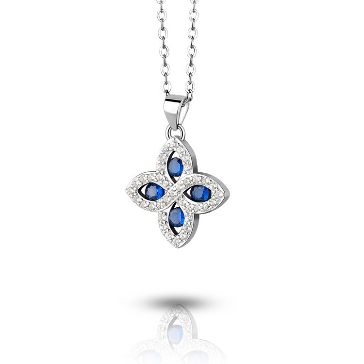 Four-Petal Blue CZ Pendant Necklace 925 Silver Elegant Gift for Any Occasion Timeless Classic Jewelry