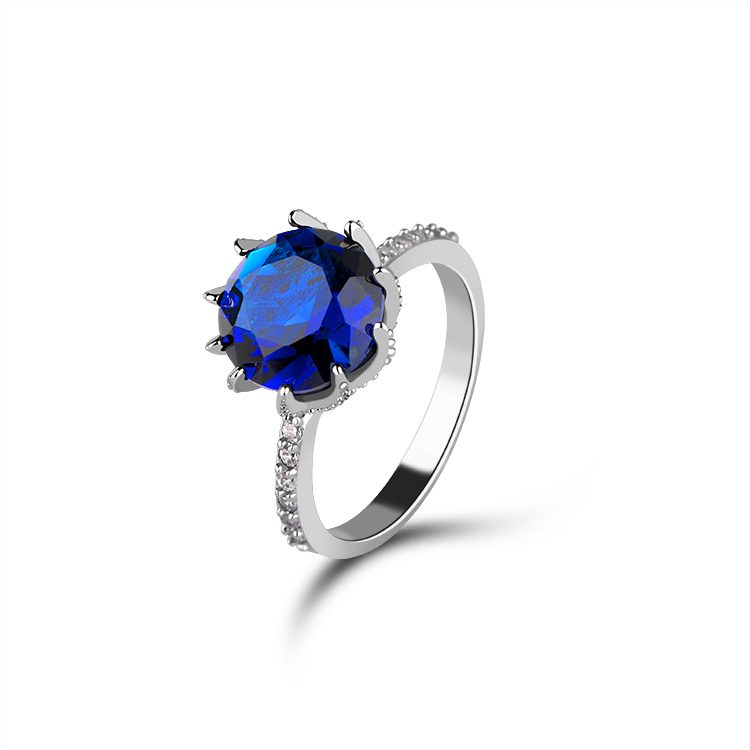 Round Blue Gemstone Ring for Women Minimalist Design 925 Silver Fine Jewelry